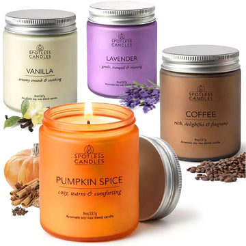 Candle Gift Set for Women 4 x 8oz: 200 Hour Burn, 10% Fragrance Oil, Coffee, Vanilla, Lavender & Pumpkin Spice