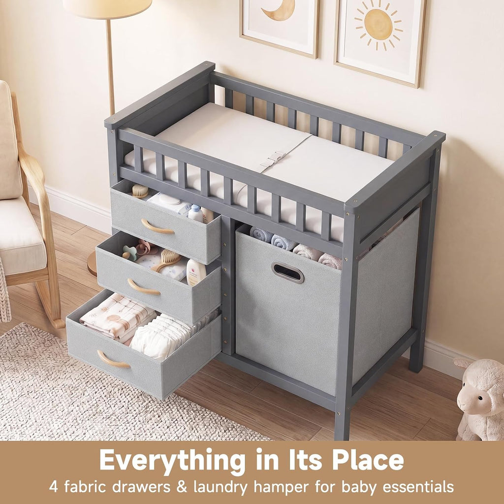 Wooden Baby Changing Table with Comfy Changing Pad, 3 Fabric Drawers, Laundry Hamper, Safety Belt, Diaper Station