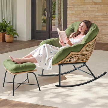 Papasan Rocking Chair with Ottoman, Oversized Papasan Chair, Olive Green | Indoor & Outdoor Rocker Chair with Padded