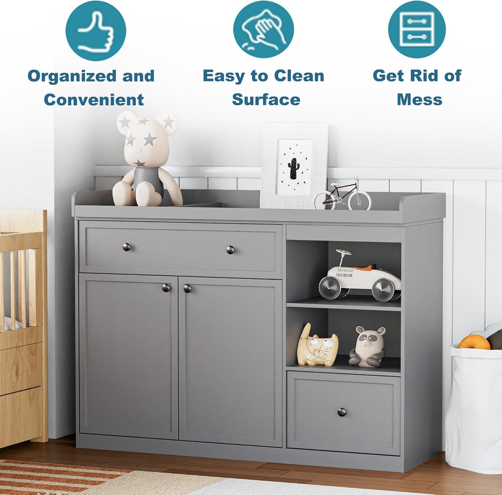 Wide Baby Changing Table Dresser with 2 Doors, 2 Different Size Drawers &Storage Cubbies, Durable Wood Construction