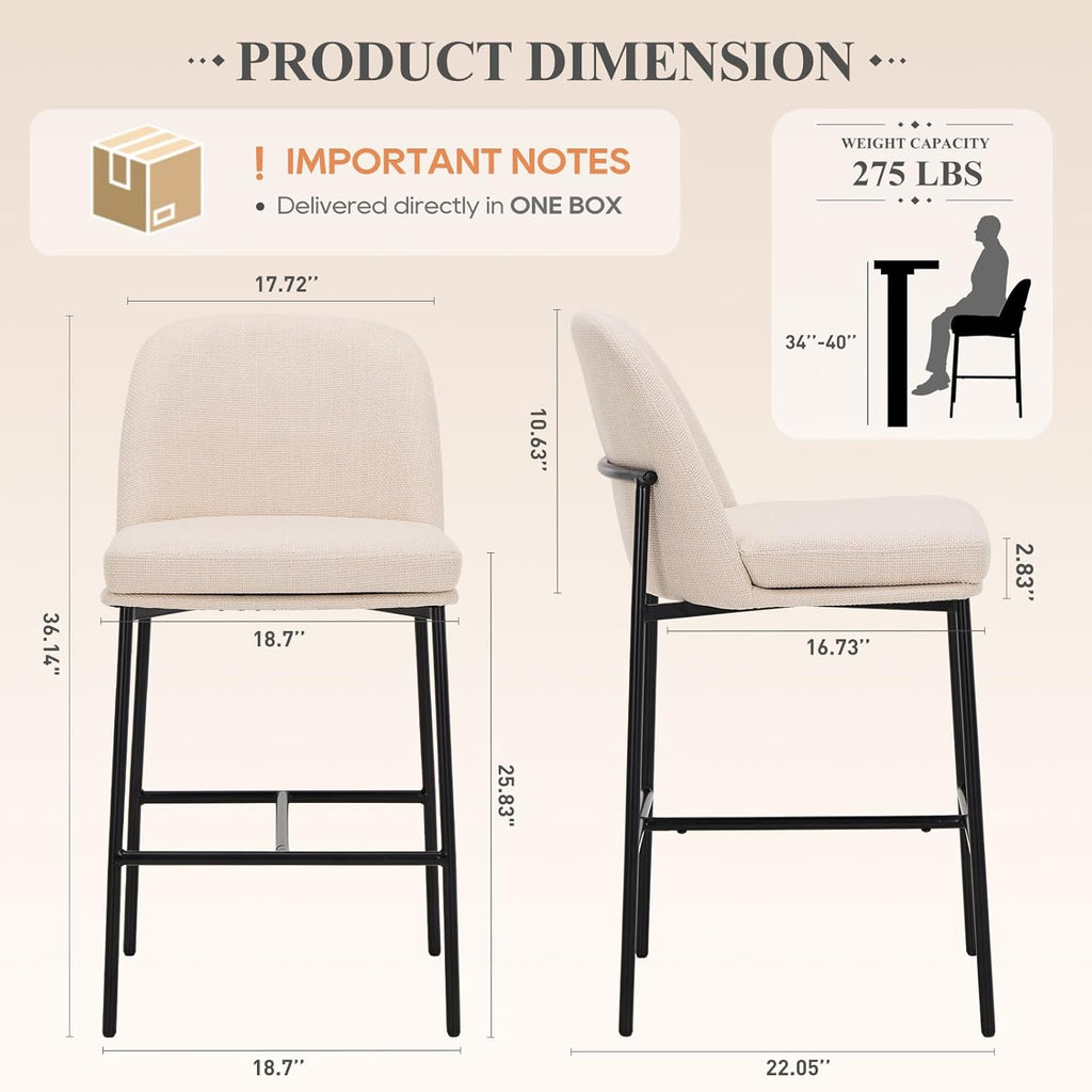 Counter Height Bar Stools Set of 2, 25 Inch Modern Fabric Kitchen Island Stools with Back, Upholstered Counter