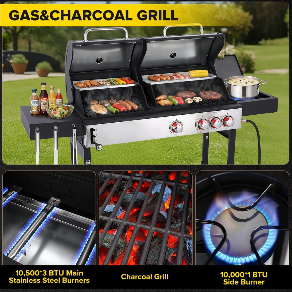 3-Burner Propane and Charcoal Grill Combo with Side Burner, 41,500 BTU BBQ Grill with Cast Iron Grates for Patio, Garden, Balcony, or Camping
