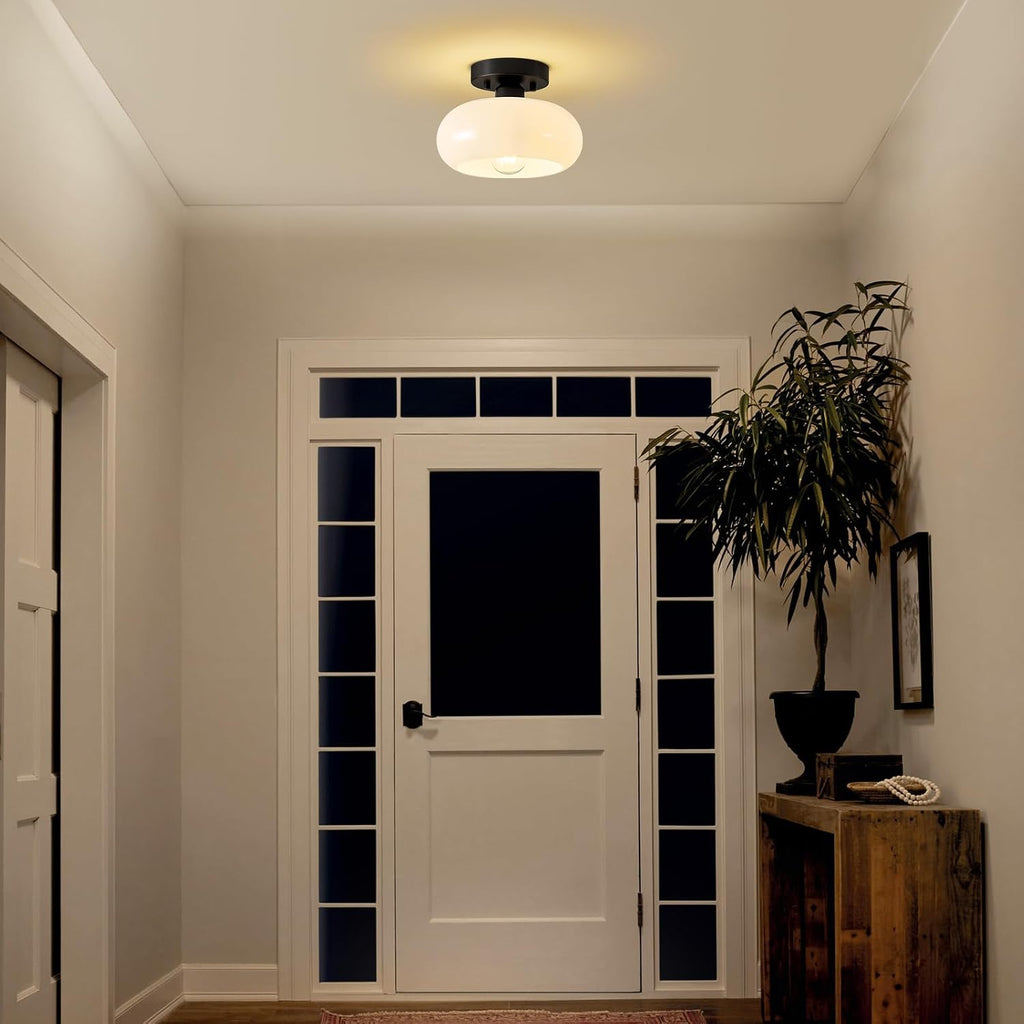 Mid-Century Modern Black Semi Flush Ceiling Light 8.66 Inch | Mini White Glass Shade Close to Ceiling Lighting