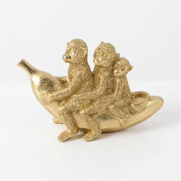 Hand Painted Three Monkeys on Banana Figurine Decor - Animal Sculpture , & Living Room Accent - Playful Ornaments for