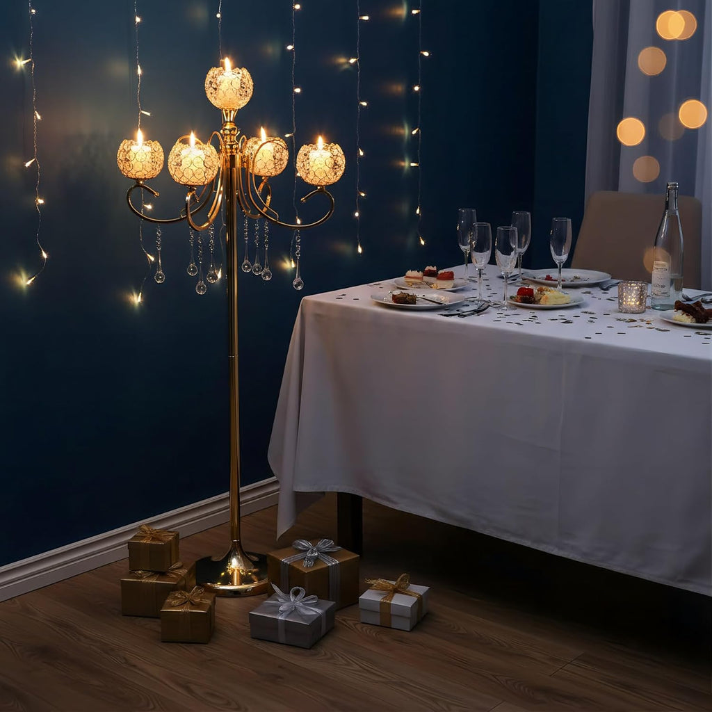 Gold Floor Candelabra for centerpieces, 45.3in Tall 5-Branch Candle Holder with Crystal Beaded Chandelier Holder Standon
