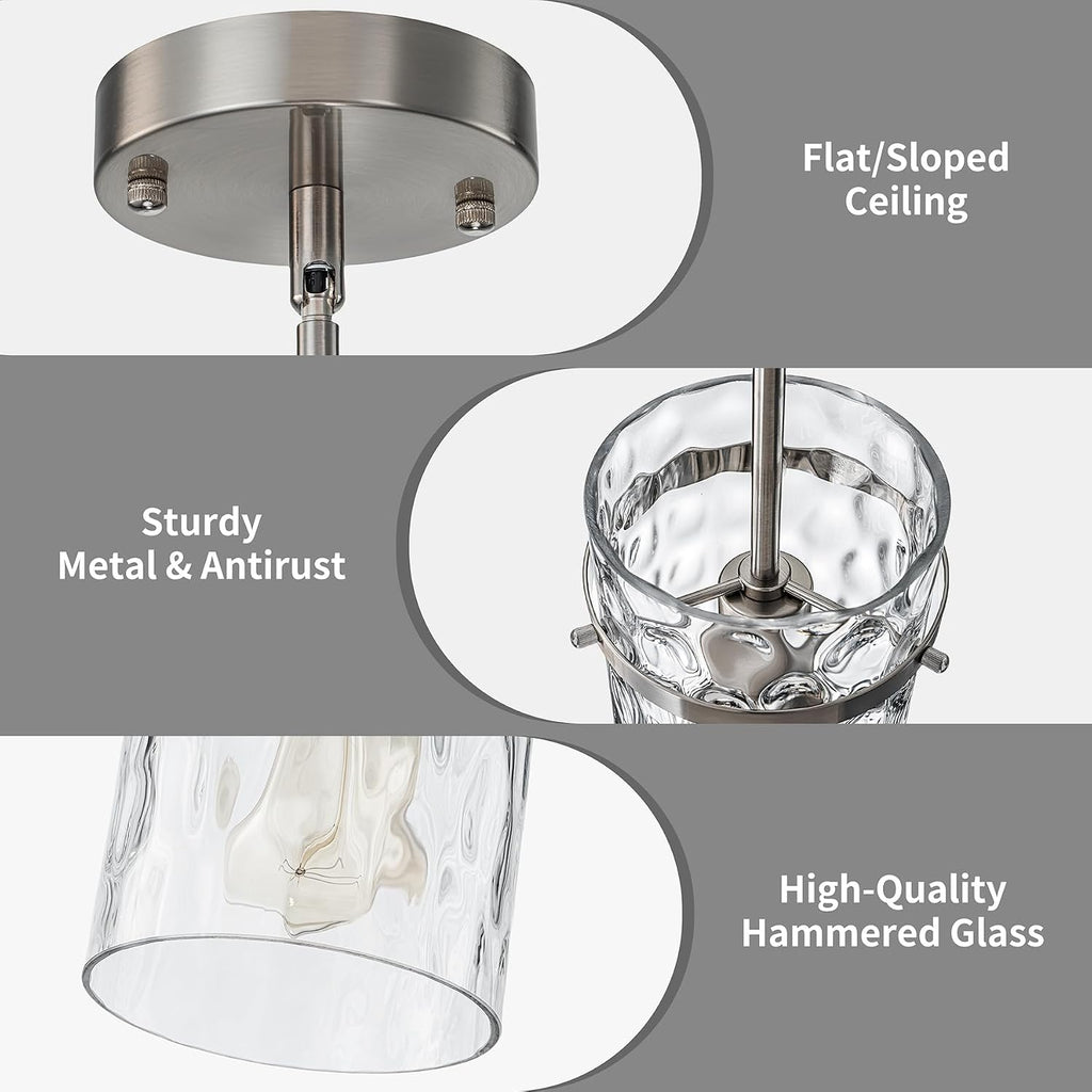 5.5" Brush Nickel Hammered Glass Pendant Lights for Kitchen, Brushed Nickel Pendant Lights Kitchen Island, Modern