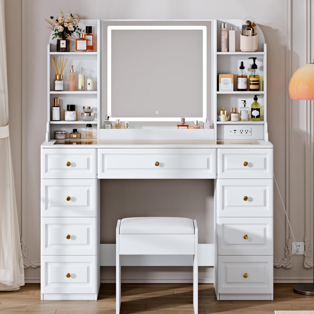 43" Makeup Vanity Desk with Mirror and Lights, & Power Outl, Glass Top Big Vanity Table with 9 Drawers& 8 Storage