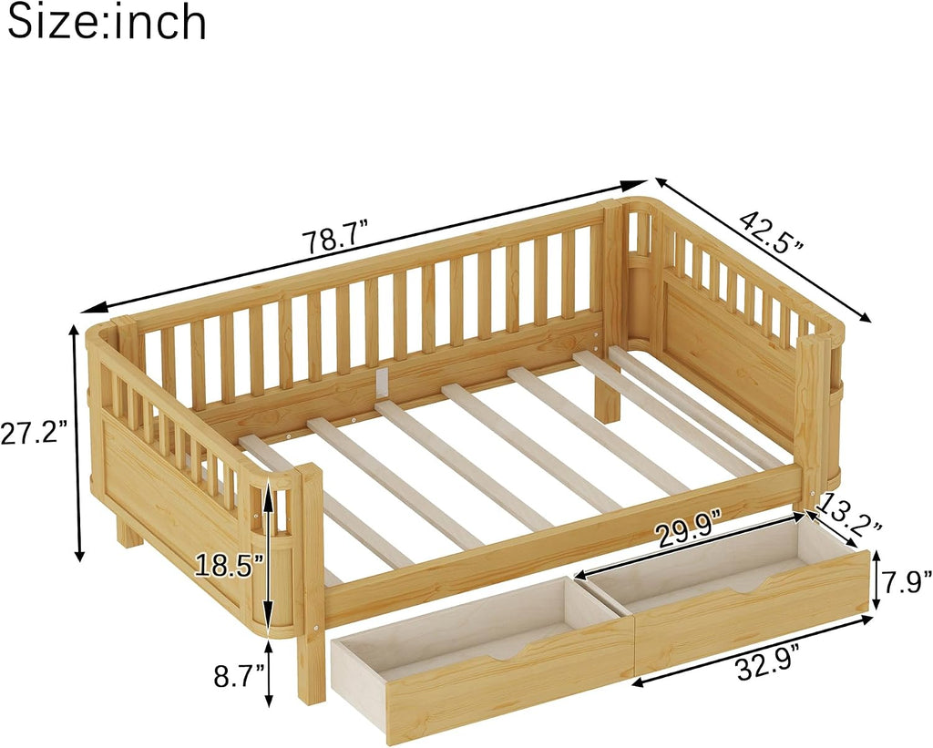 Twin Size Wood Floor Bed, Montessori Platform Daybed Frame with Safety Rails & Low Profile, Space Saving U-Shaped