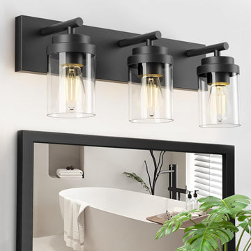 Bathroom Vanity Light Fixture, 3-Light 22 Inch Matte Black Bathroom Light Fixtures Over Mirror, with Clear Glass