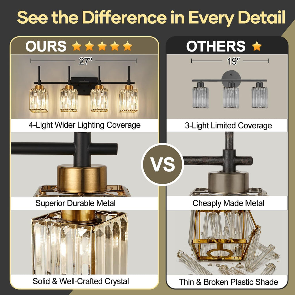 Modern Crystal Bathroom Vanity Light 4-Lights Gold Bathroom Light Fixtures Over Mirror Black and Gold Vanity Lighting