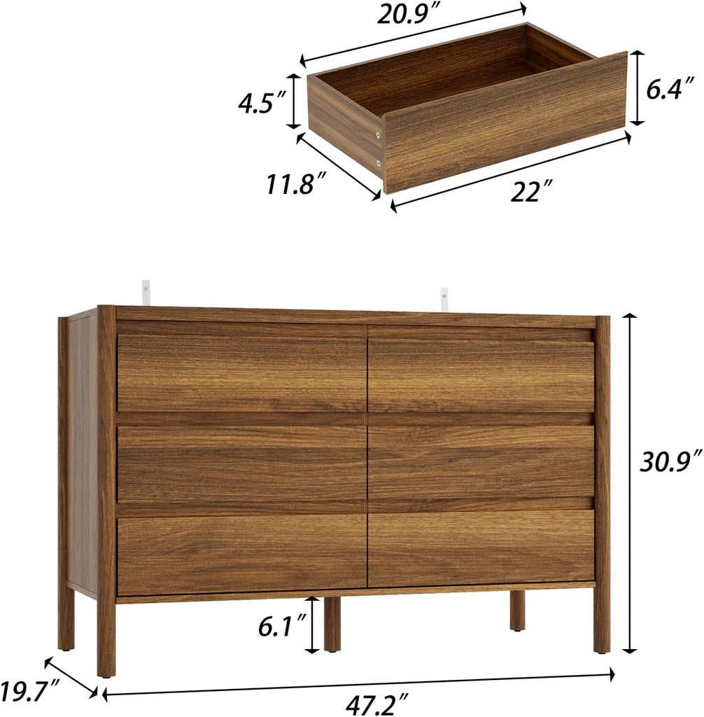 47.2" W 6-Drawer Dresser with Solid Wood Legs, Mid Century Modern Closet Chest of Drawers with no Handles Design