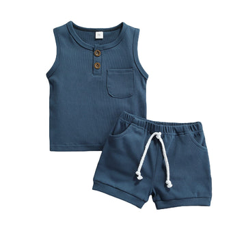 Toddler Boy Clothes Summer Shorts Set Solid Sleeveless Pocket Tops Cotton Outfit 2PCS