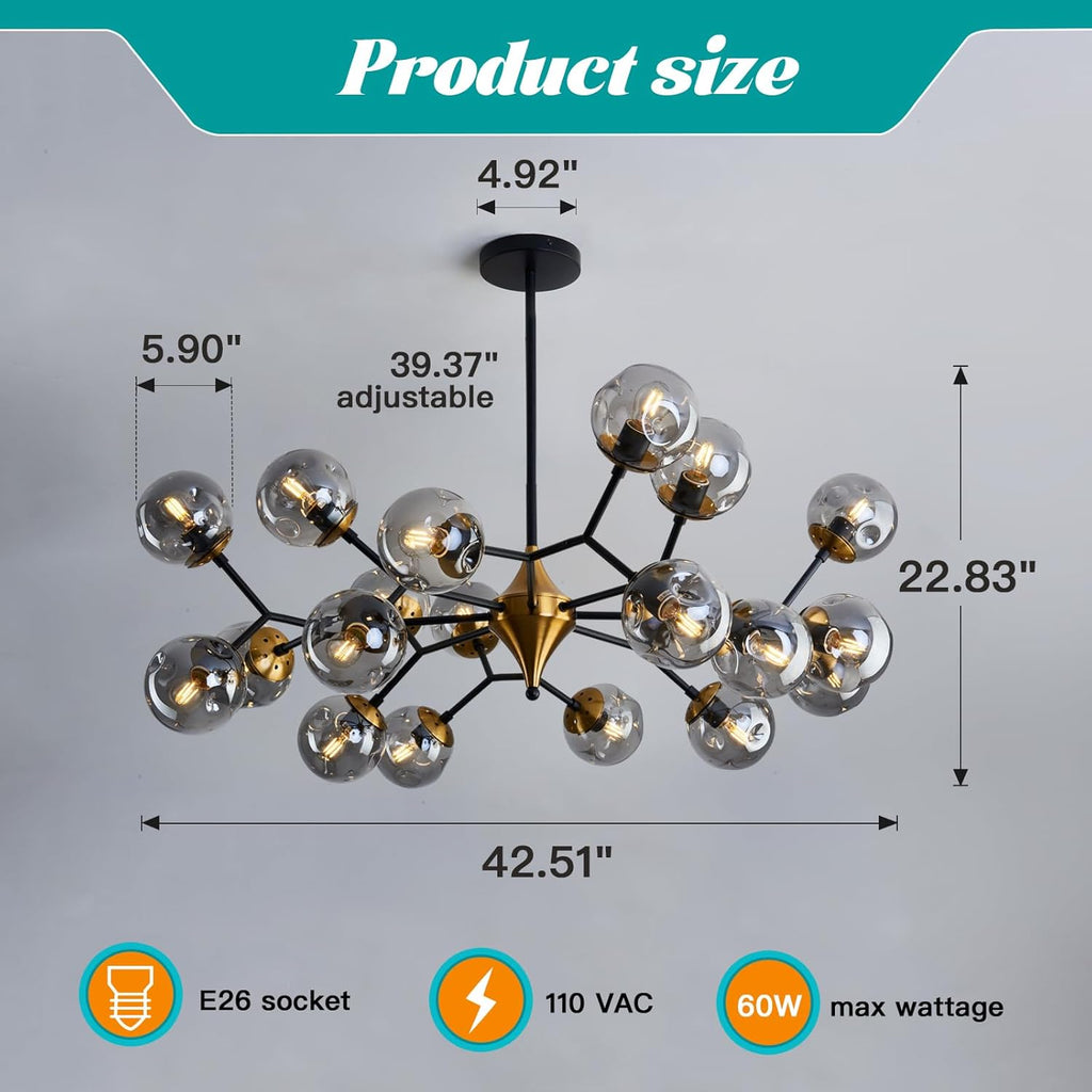 20 Light Extra Large Sputnik Chandelier Mid Century Modern Black and Gold Ceiling Light Fixture with Glass Globe Pendant Light Hanging for Dining Room Kitchen Living Room Foyer