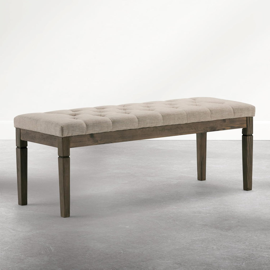 Waverly Tufted Ottoman Bench - 48 inch Wide Upholstered Linen Look Fabric Rectangle Footstool Ottoman in Wheat Beige