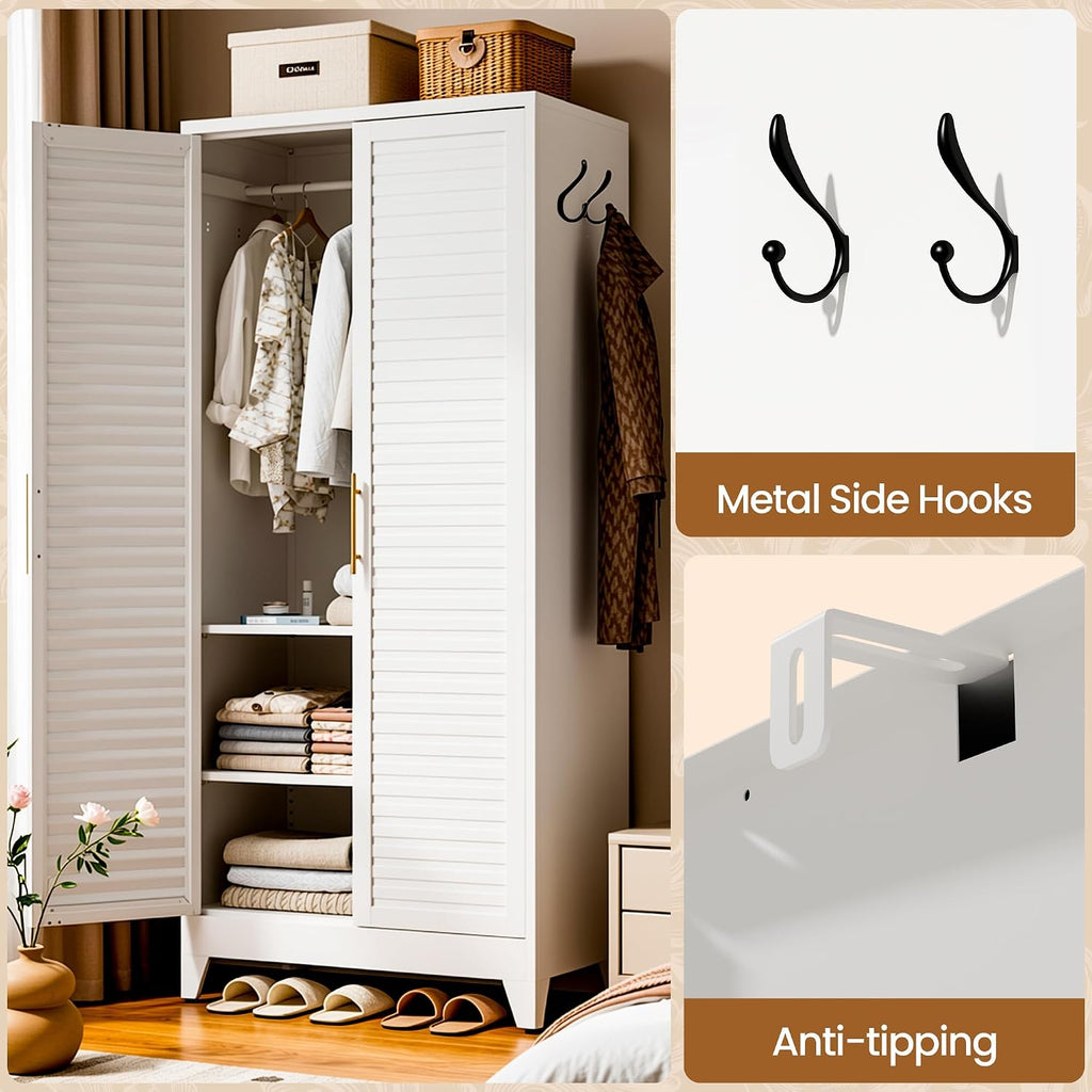 Metal Armoire Wardrobe Closet, 71" Clothing Storage Cabinets with Adjustable Hanging Rod, Louvered Doors, 2 Side