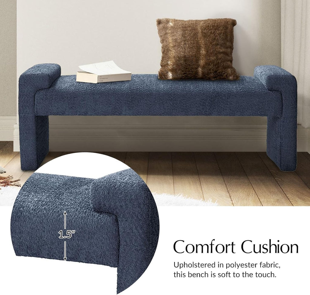 58" Boucle Upholstered Bedroom Bench with Arm Tray, Slate-Blue | End of Bed Bench with Wood Legs, Fabric Entryway