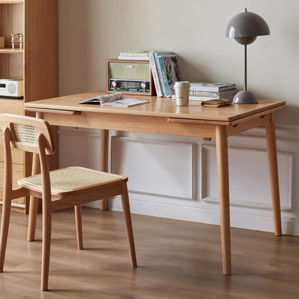 49.21’’-76.77’’ Extendable Dining Room Table for 6-10 Person, 100% Solid Wood Oak Dinner Kitchen Table, Mid Century