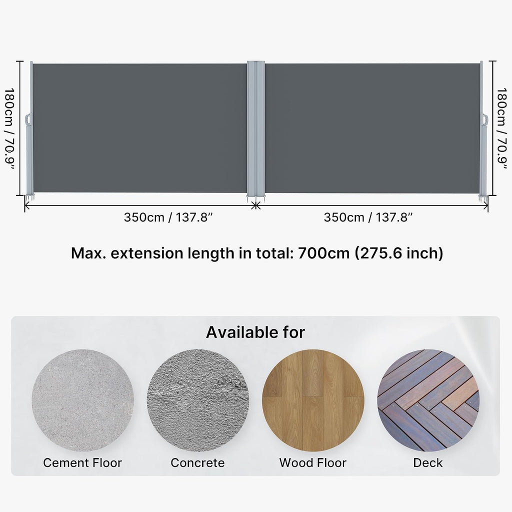 276"x71" Retractable Double Side Awning Patio Privacy Screen, Grey | Patio Folding Privacy Divider,Full Aluminum