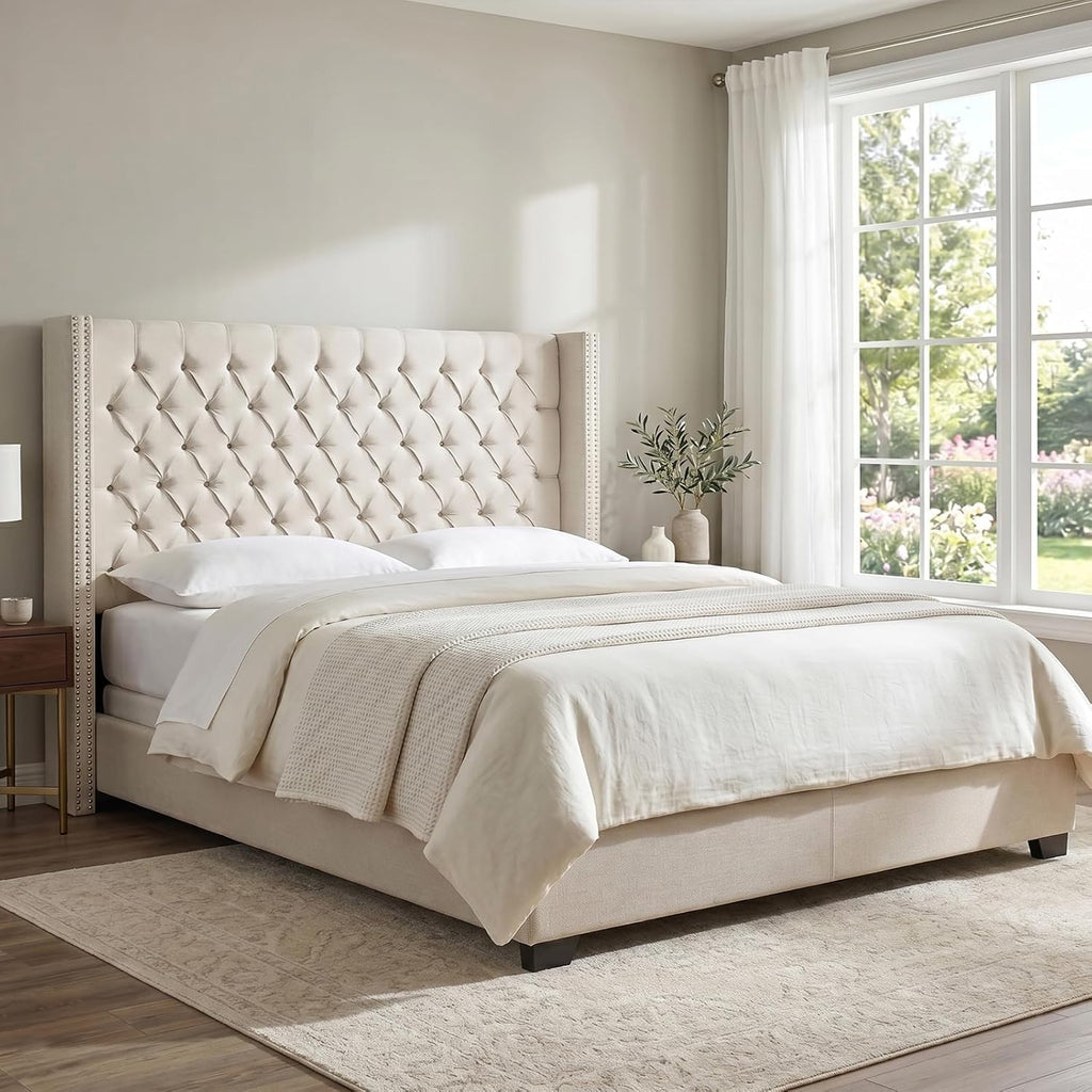 Upholstered Headboard | Nail Head Trim Wingback Button Tufted | Queen, Cream