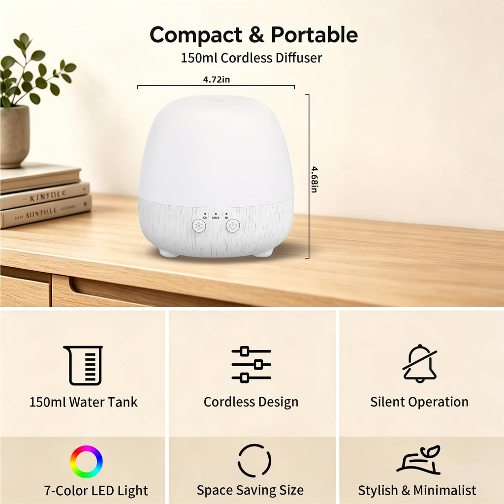 150ml Cordless Essential Oil Diffuser, Rechargeable, 7-Color Light