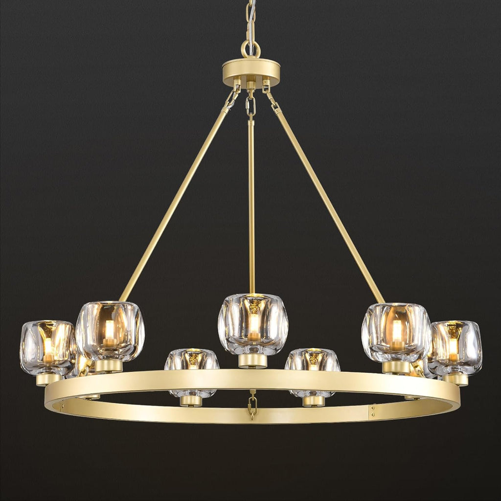 Gold Wagon Wheel Chandelier, 36 Inch Brass Chandeliers with Unique Glass Shade, 9-Light Crystal Farmhouse Wagon Wheel Chandeliers for Dining Room, Round Chandelier for Living Room, Foyer, Entryway A126-B0DT4DX5CP