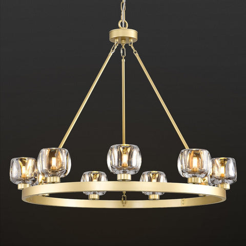 Gold Wagon Wheel Chandelier, 36 Inch Brass Chandeliers with Unique Glass Shade, 9-Light Crystal Farmhouse Wagon Wheel Chandeliers for Dining Room, Round Chandelier for Living Room, Foyer, Entryway A126-B0DT4DX5CP