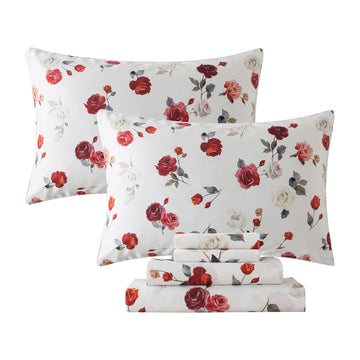 Vintage White Rose Floral Bedding - King Size, 100% Percale Egyptian Cotton, 800 Thread Count, Deep Pocket Fitted