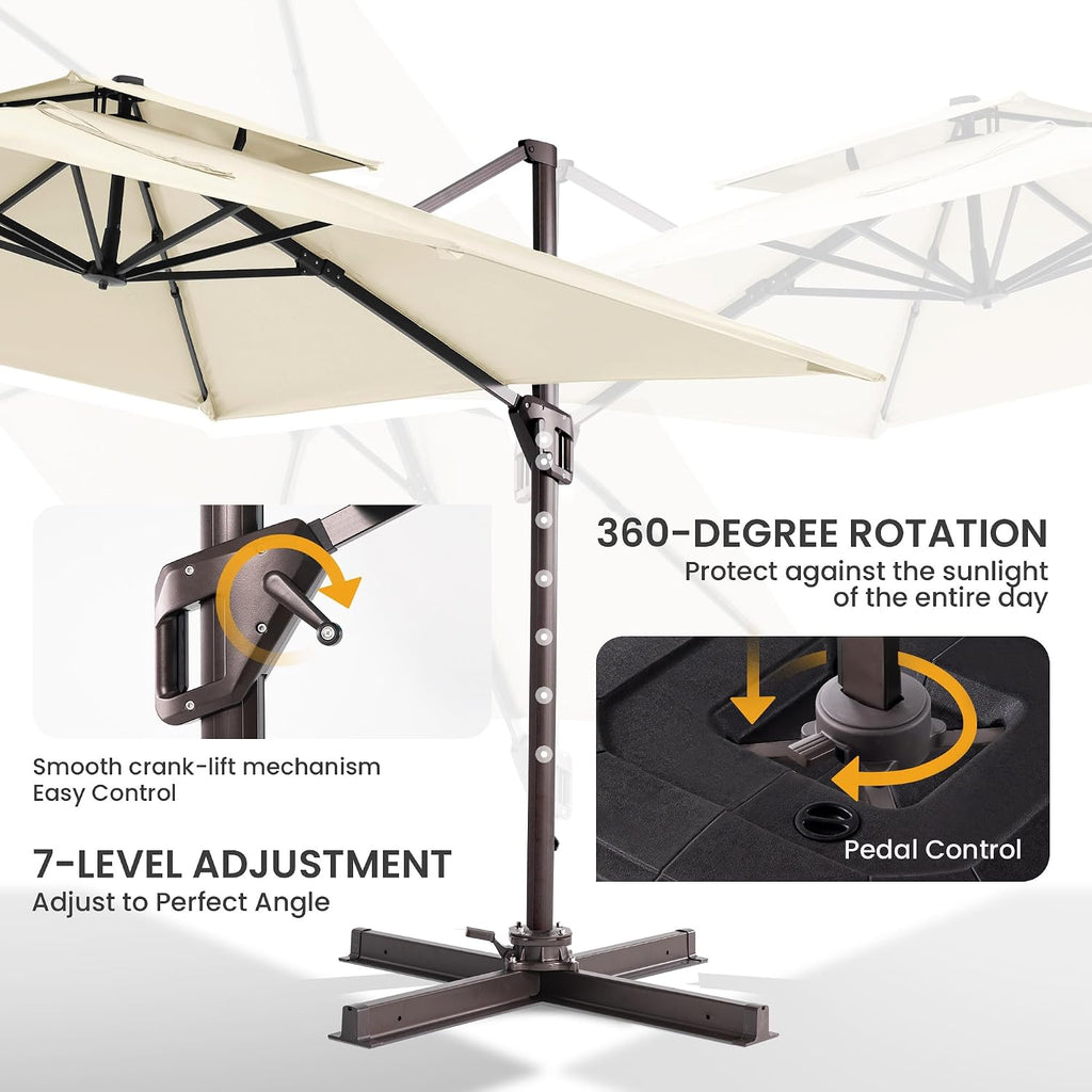 10x10 FT Cantilever Patio Umbrella Double Top Outdoor Square Large Heavy Duty Aluminum Offset Umbrellas with 7 Level