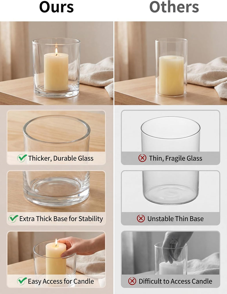 Thick Glass Hurricane Pillar Candle Holders, Set of 3 | Heavy Clear Walls, Wide Low-Profile Cylinders for Easy Use, 3