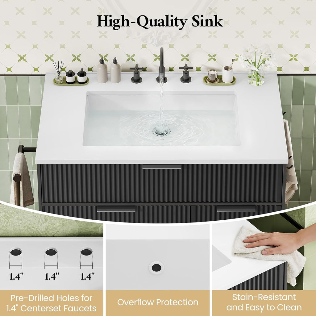 31" Fluted Freestanding Bathroom Vanity with Sink - Cabinet with Door Storage & 3 Drawers