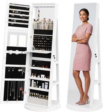 360° Rotating Jewelry Armoire with Full-Length Mirror & LED, Lockable Standing Organizer, Secure Storage