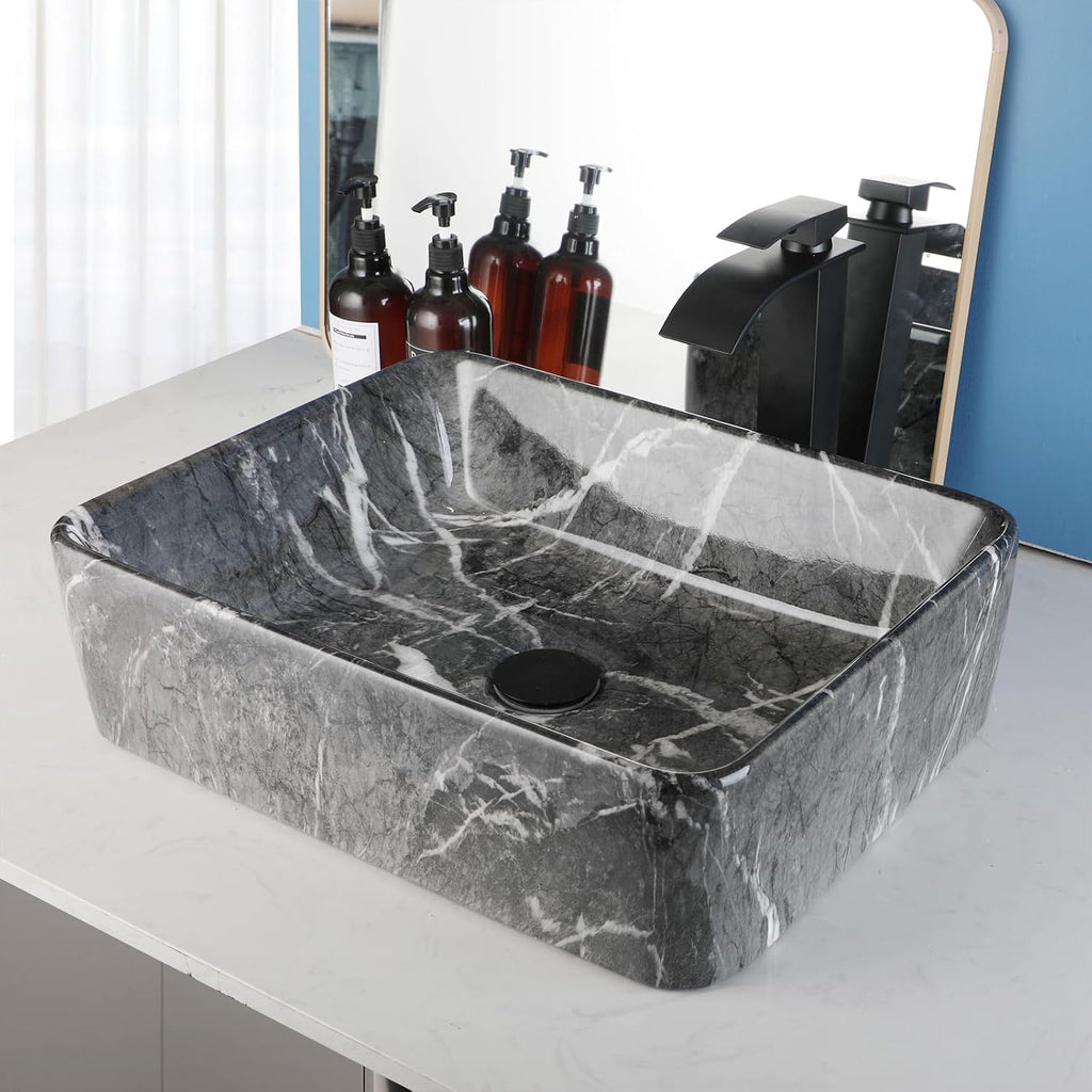 Black Marble Bathroom Vessel Sink With Faucet and Drain 19x15 Inch Rectangular Ceramic Sink Marbling Basin Bowls Above