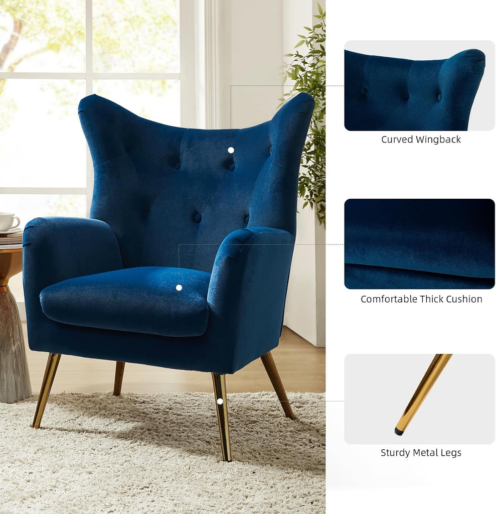 Velvet Accent Chair, Modern Wingback Arm Chair with Metal Gold Legs, Velvet Tufted Upholstered Single Sofa Chair