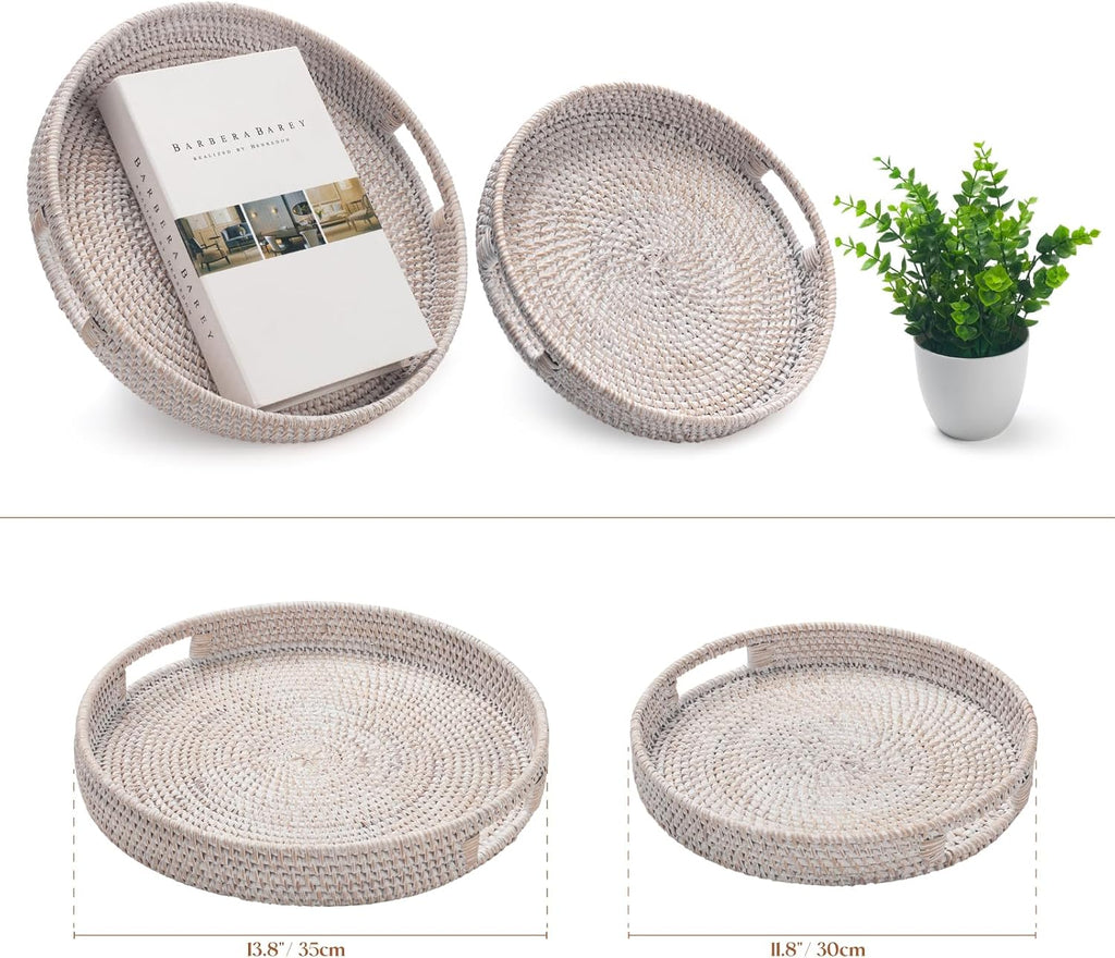 13.8 inch Round Rattan Tray, Decorative Coffee Table Tray, Ottoman Tray, Woven Serving Tray with Handles, Wicker