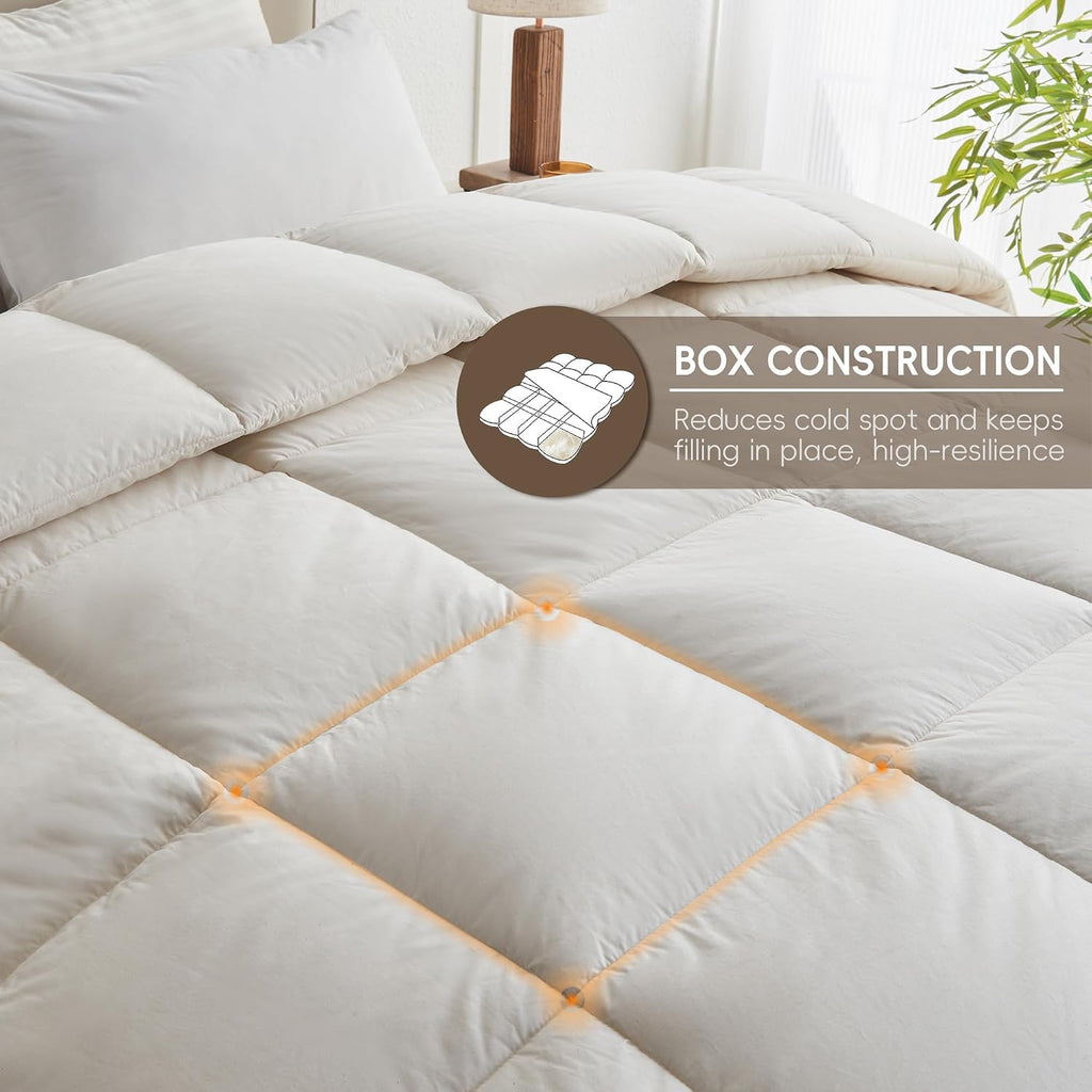 Goose Feather Down Comforter, 100% Organic Cotton Cover All Season Duvet Insert, Breathable Fluffy Warmth Hotel