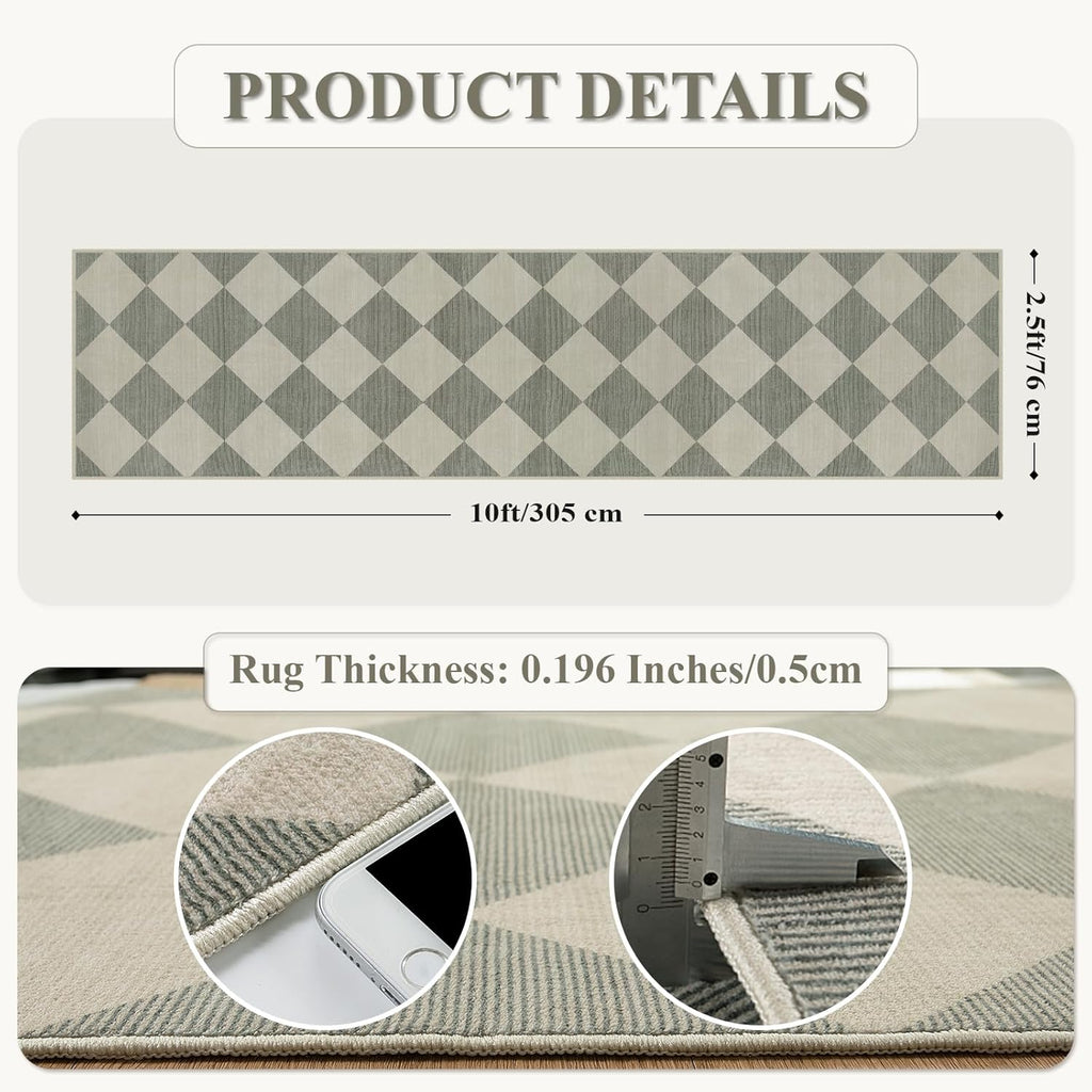 Checkered Print Rug Runners for Hallways 2.5x10, Green Kitchen Runner Rugs Non Skid Washable Ultra T