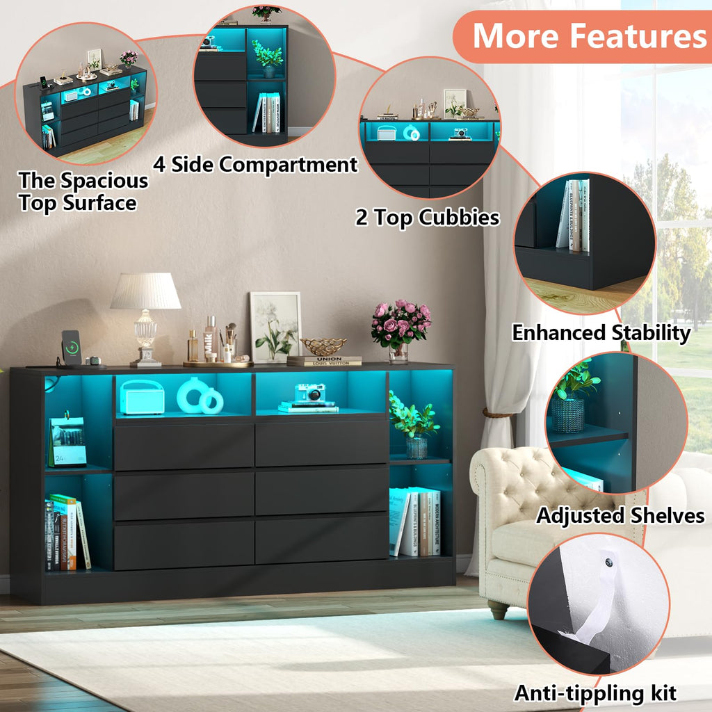 6 Drawers Dresser with 6 Open Storage Cubbies, LED with Power Outlet, 55" Wide Long Dresser, Modern TV Stand with