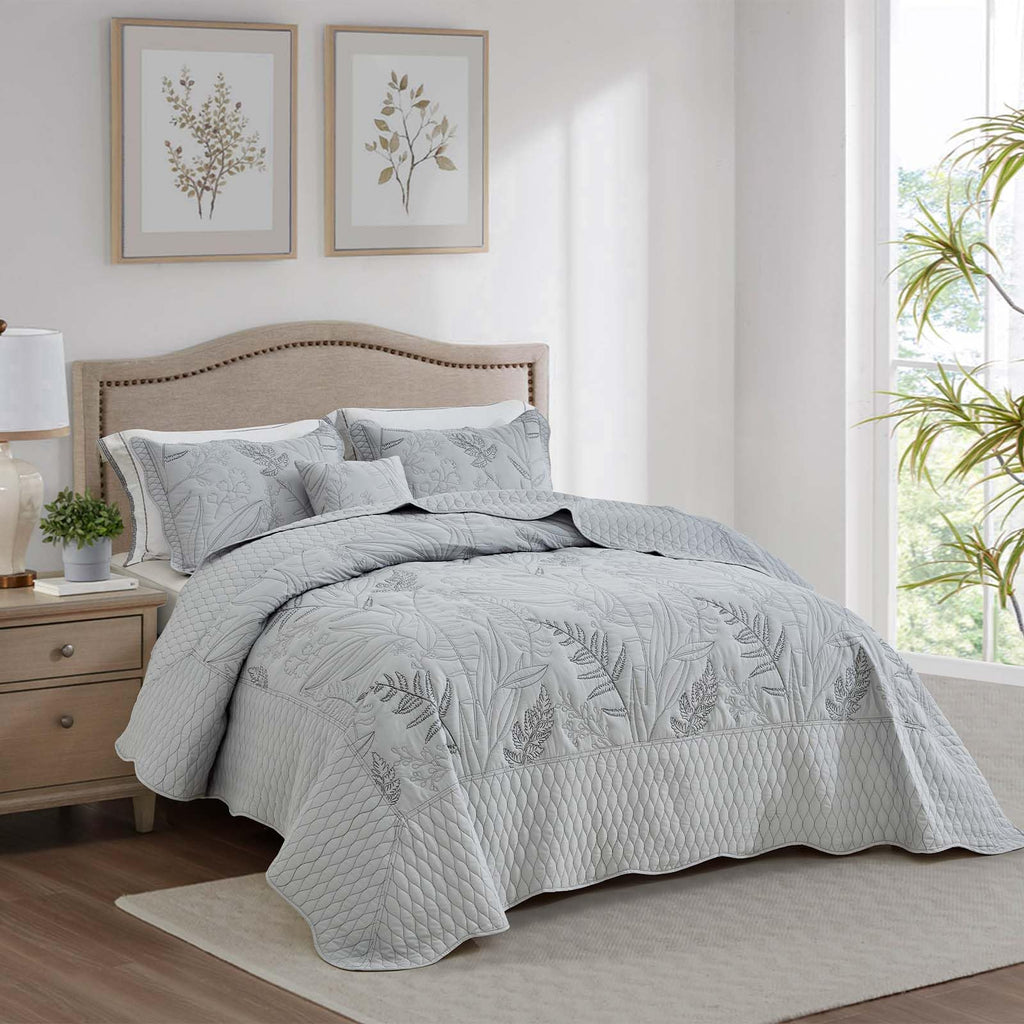 Bedspread oversized Queen 102x118, Beautiful Leaf Stitching, 5 PCGrey