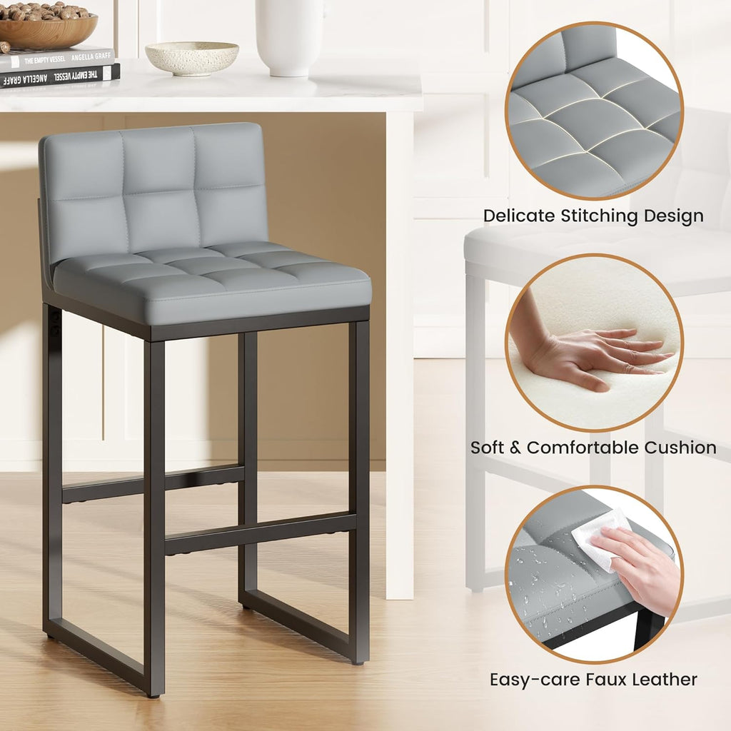 24" Bar Stools Set of 2, Modern Faux Leather Counter Height Bar Stools with Low Back and Footrest, Sturdy Thickened