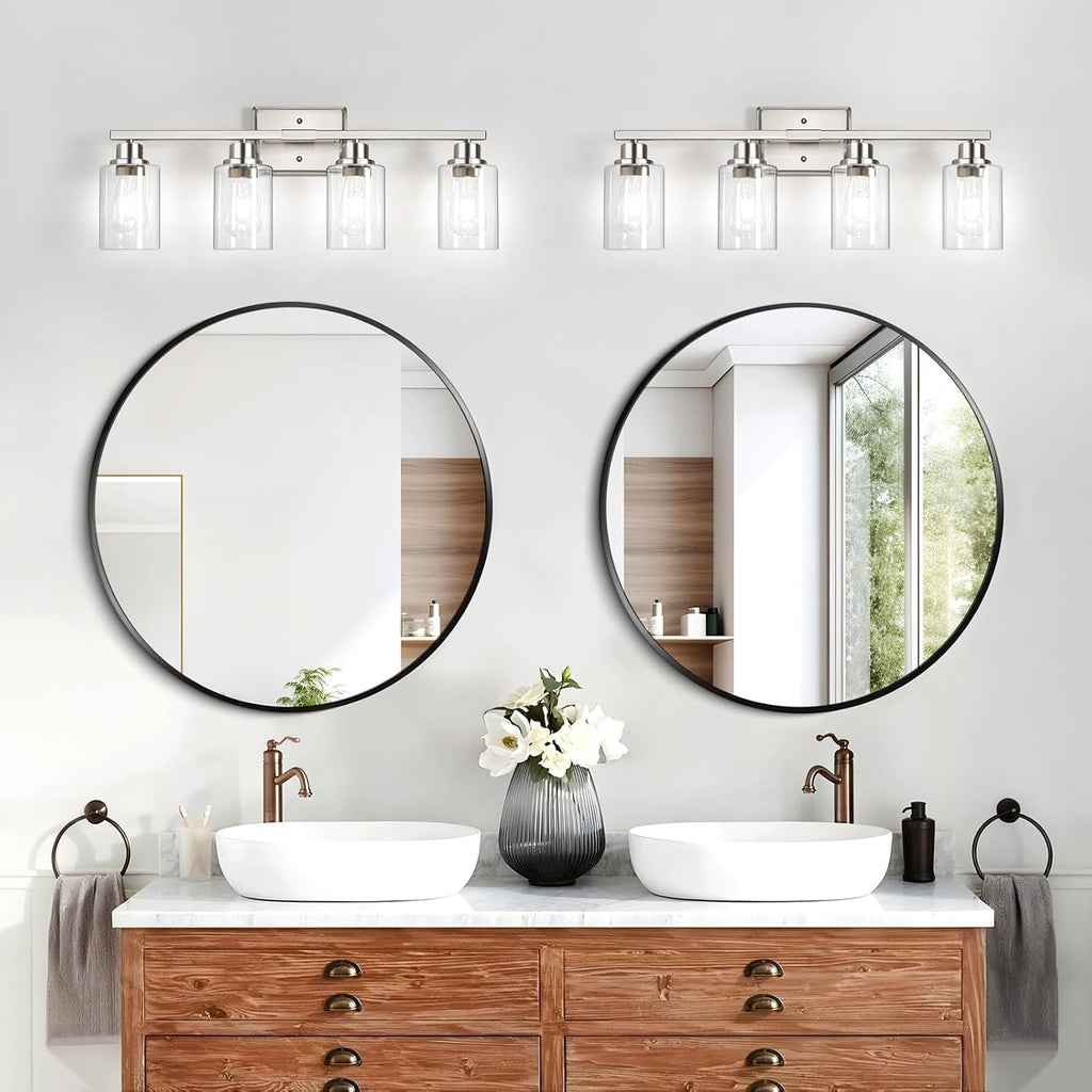 4-Light Bathroom Light Fixtures, Modern Vanity Lights with Clear Glass Shades, Brushed Nickel Bathroom Wall Lamp for