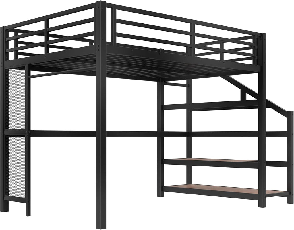 Metal Full Loft Bed with Desk and Storage Stairs,Heavy Duty Loft Bed Frame Full with LED Lights and Charging Station