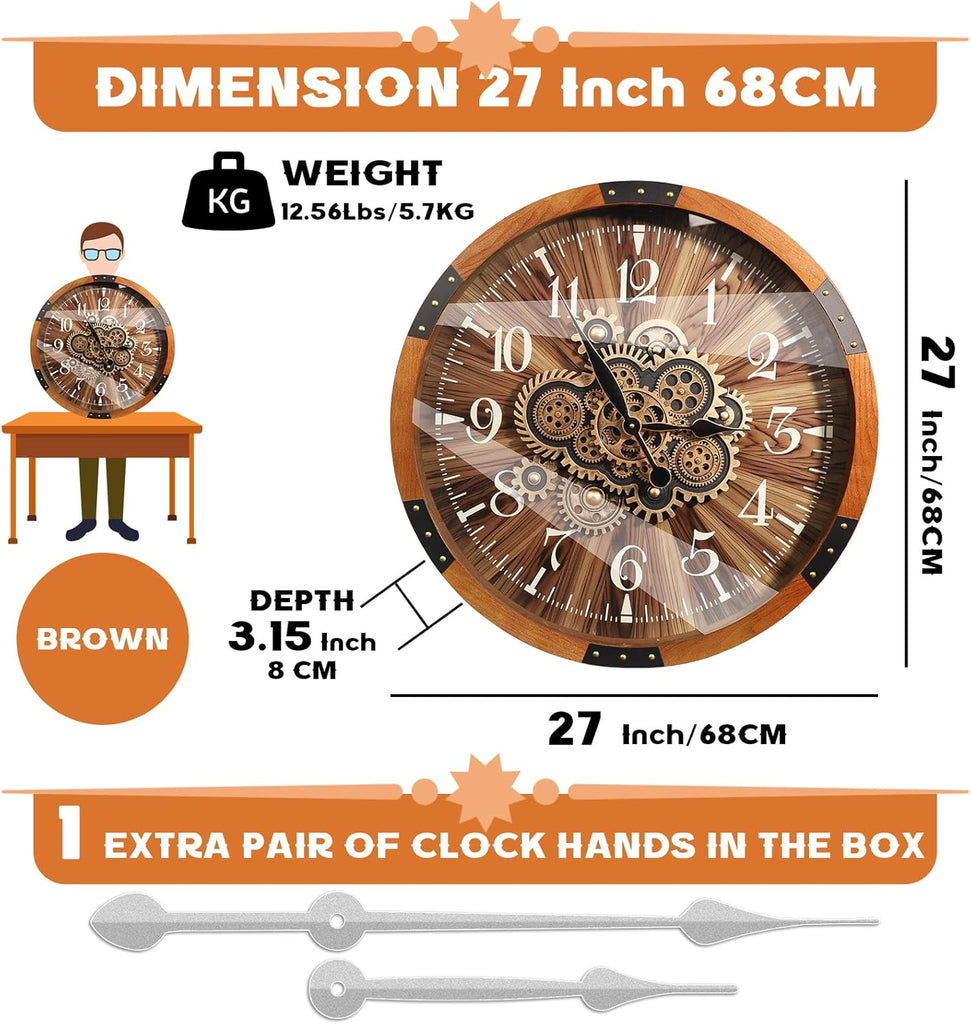 Wall Clocks for Living Room Decor, Large Real Moving Gears Clock, Vintage Industrial Oversized Rustic Farmhouse Kitchen Office Fireplace...
