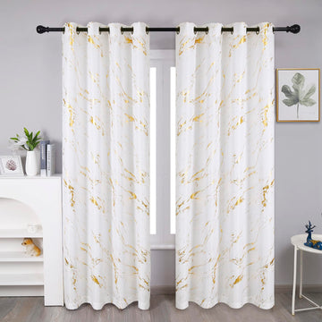 Gold Foil Print Linen Textured Curtains - Geometric Marble Pattern Design - Thermal Insulated Window Treatment, 2