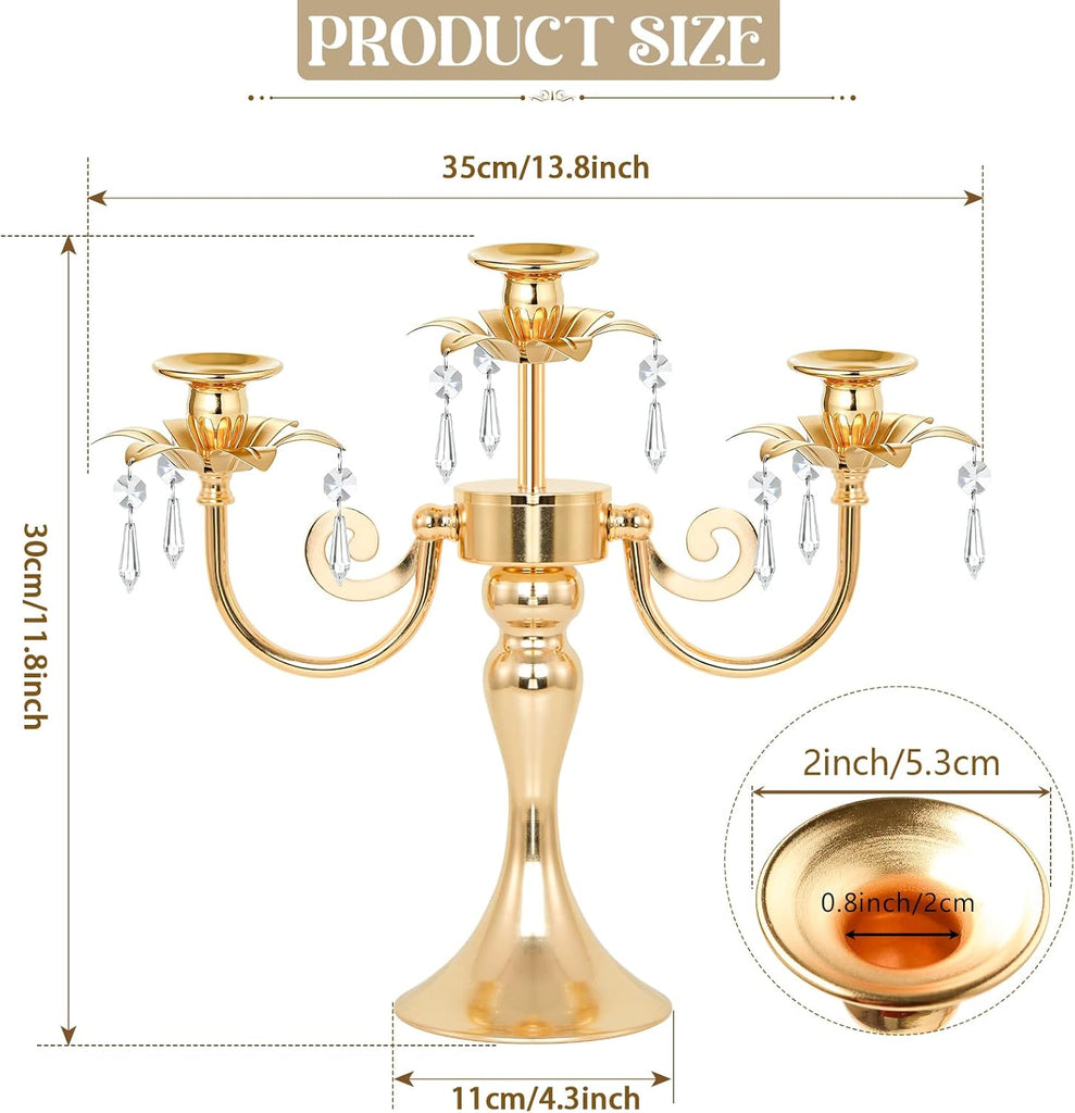 Metal 3 Arm Candelabra with Crystal Pendants - 11.8 Inch Tall Candle Holders, Set of 2 - Elegant Taper Candlestick