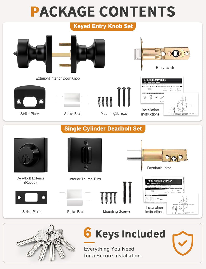 Door Knobs with Deadbolt for Exterior/Interior, 2 Pack Keyed Alike Heavy Duty Front Door Locksets, Inside/Outside