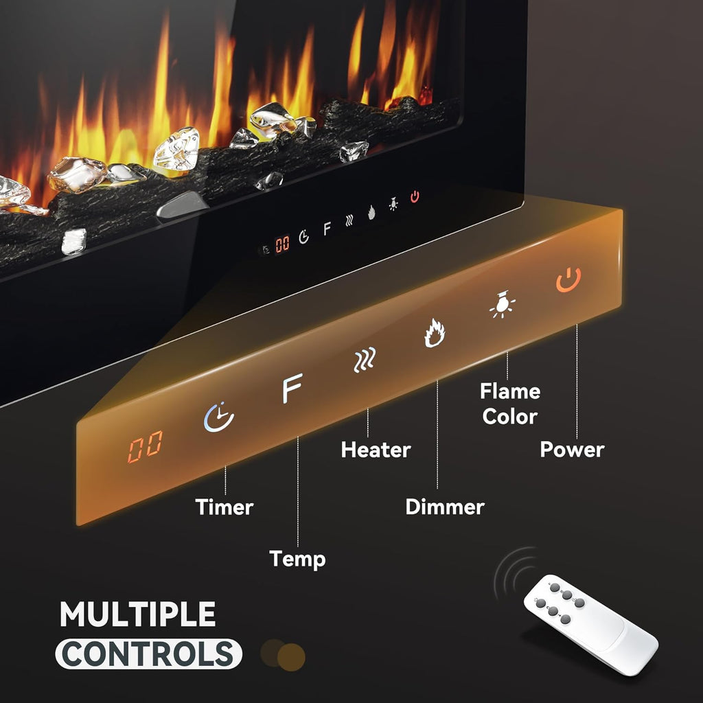 50 Inch Electric Fireplace Wall Recessed and Wall Mounted with Adjustable Flame Color