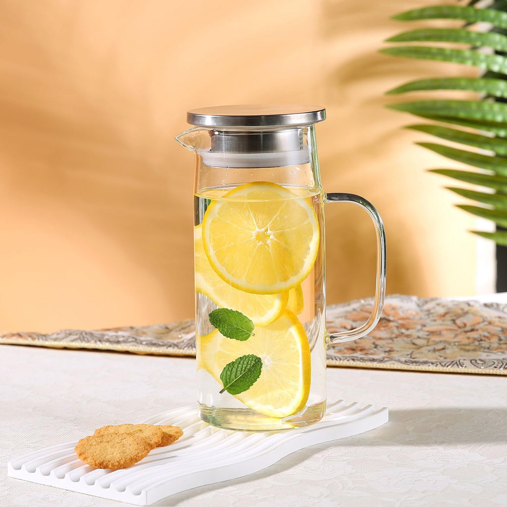 Glass Pitcher With Lid and Spout - Iced Tea and Beverage Pitcher for Fridge, Small Water Jug 1000ml/34oz