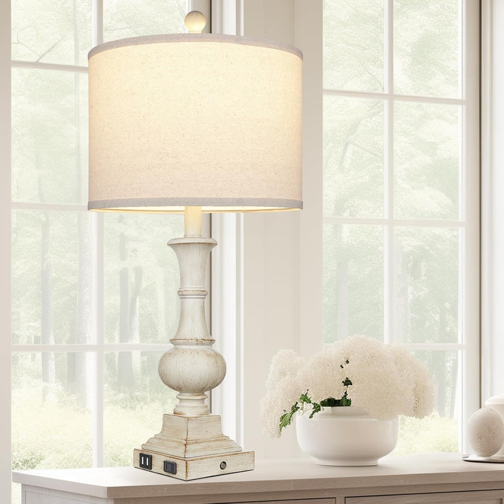 26" Farmhouse Table Lamp, Vintage Rustic Touch Control Bedside Lamp with 2 USB Ports & AC Outlet