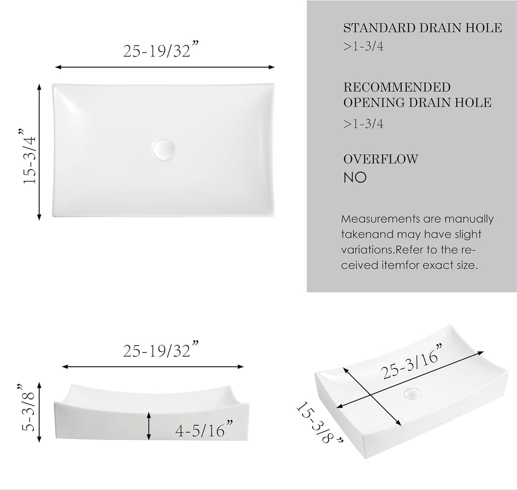 25"x15" Rectangular Bathroom Sink,White Vessel Sink Above Counter Porcelain Ceramic Vessel Sinks for Bathrooms