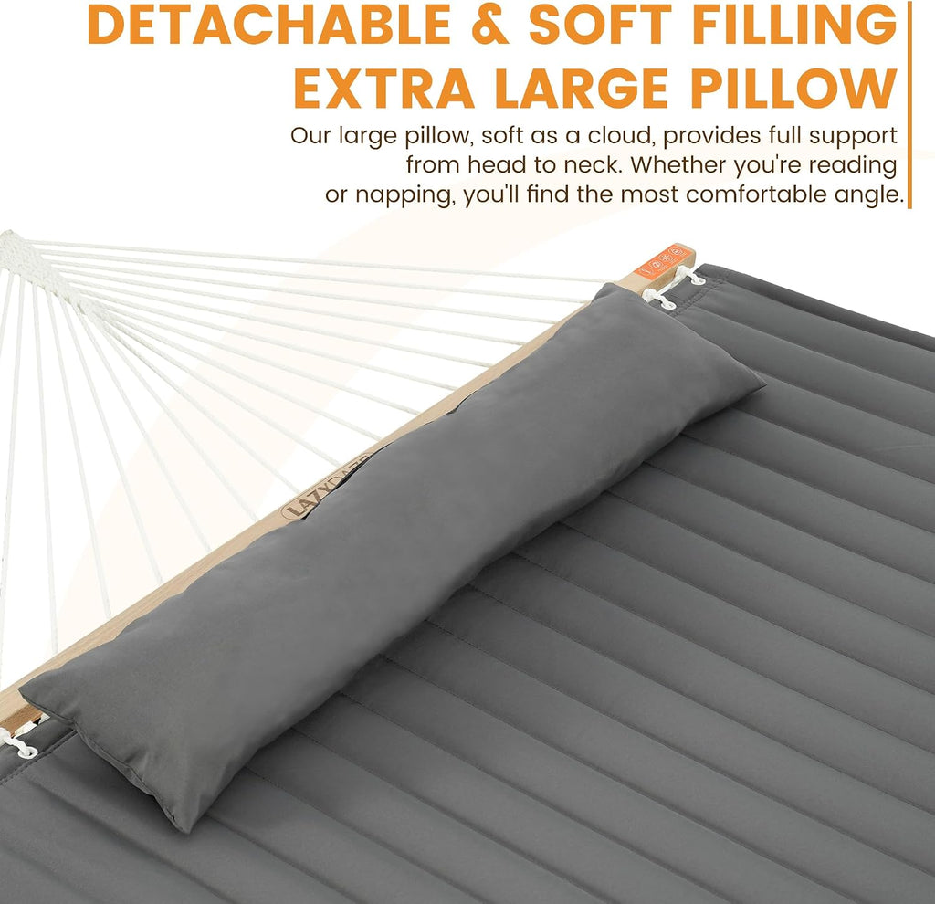Daze Double Hammock with Pillow & Tree Straps for Outside, Grey | 2 Person Quilted Hammock with Hardwood Spreader
